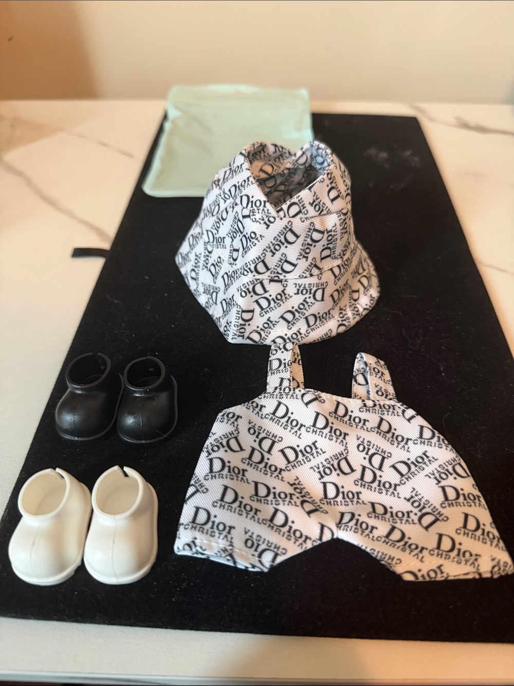 Lububu outfit White Logo Bucket Hat & Outfit Set and shoes